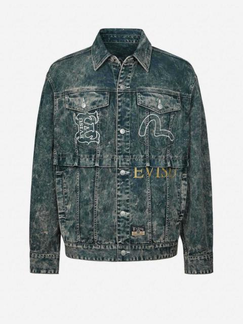 Multi-Print and Embroidery Acid-Wash Fashion Fit Denim Jacket