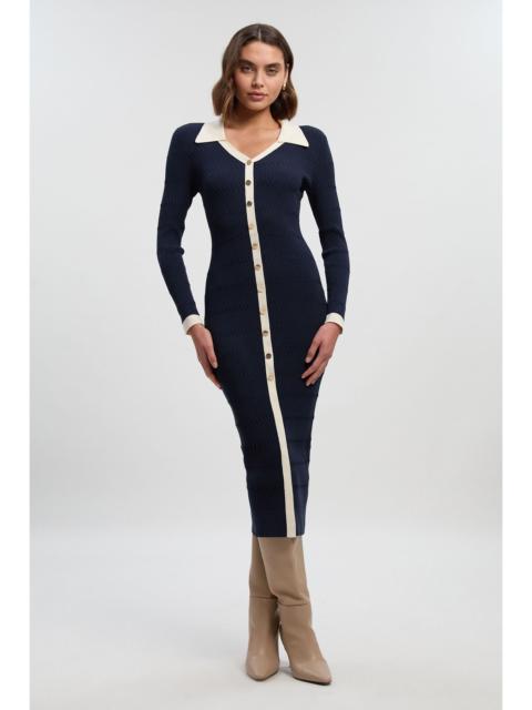 Viscose Rib Stitch Detail Contrast Colour Button Knit Midi Dress