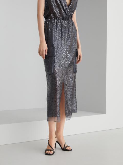 Dazzling embroidery cargo midi skirt in crispy silk