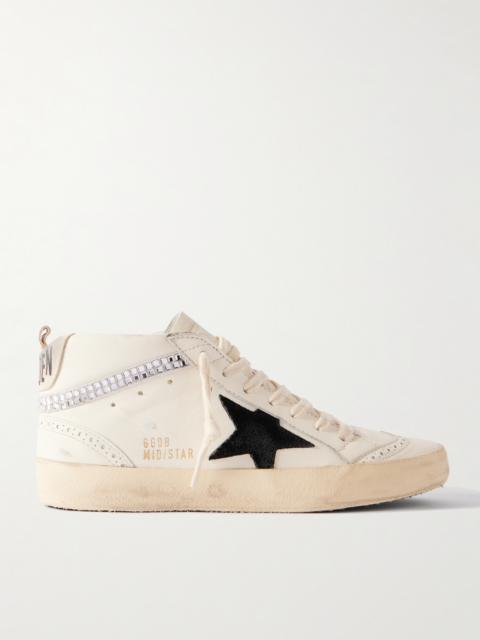 Mid Star Distressed Suede-trimmed Crystal-embellished Leather Sneakers