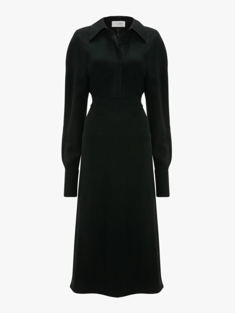 Long Sleeve Polo Collar Midi Dress In Black