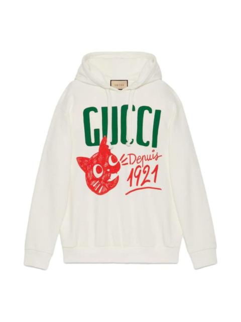 (WMNS) Gucci Cotton jersey hooded sweatshirt with Gucci Depuis 1921 cat print 'White' 717427-XJFNL-9