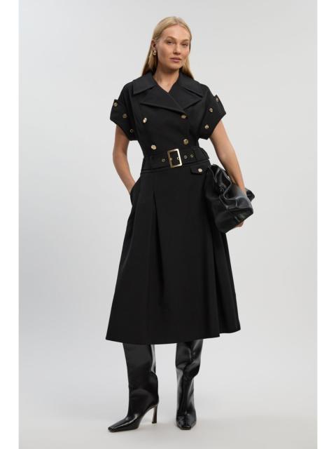 Petite Polished Tailored Button Detail Pleated Midi Dress