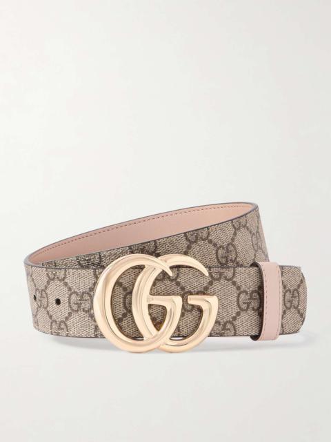 Printed coated-canvas and leather belt Beige