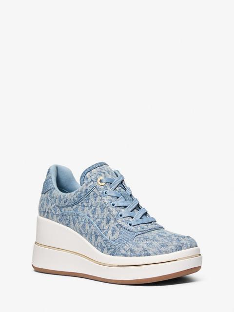 Emmy Signature Logo Print Denim Wedge Trainer