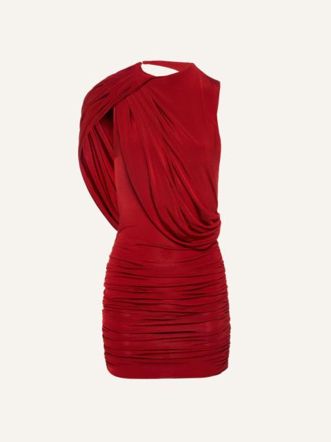 Asymmetrical draped mini dress in red