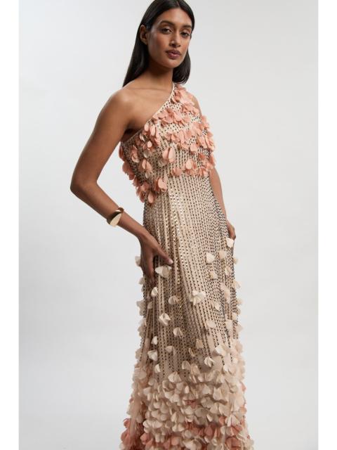 Floral Applique One Shoulder Woven Maxi Dress