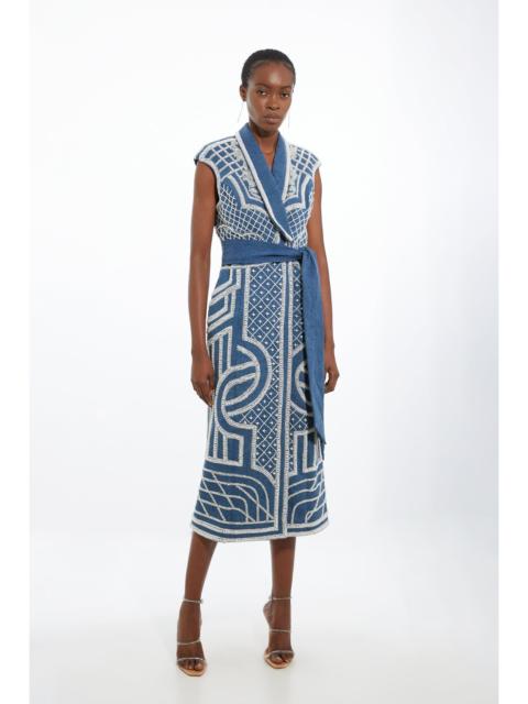 Petite Premium Pearl Embellished Denim Woven Blazer Midi Dress