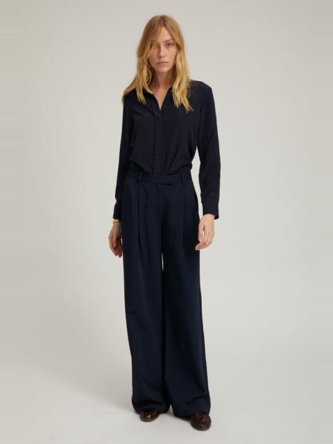 NAVY CREPE STRAIGHT LEG PLEATED TROUSERS