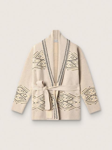 Women's belted cardigan in beige wool blend with contrast embroidery