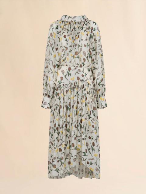 CREAM CHIFFON DRESS WITH TULIPS AND HARES PRINT