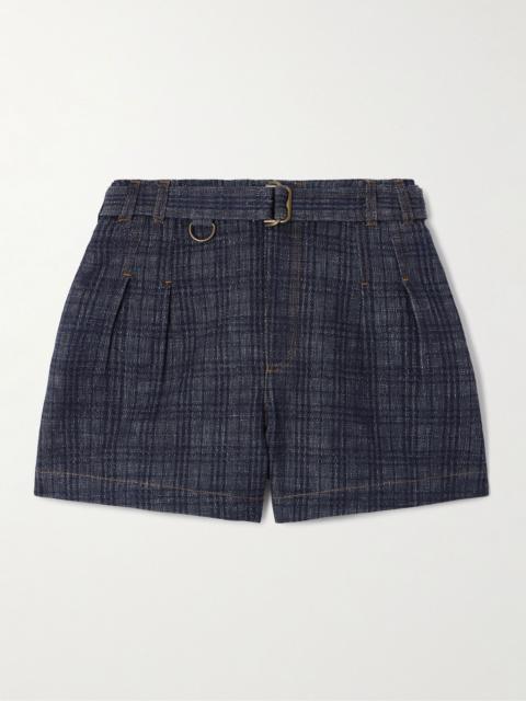 Belted checked denim shorts Navy