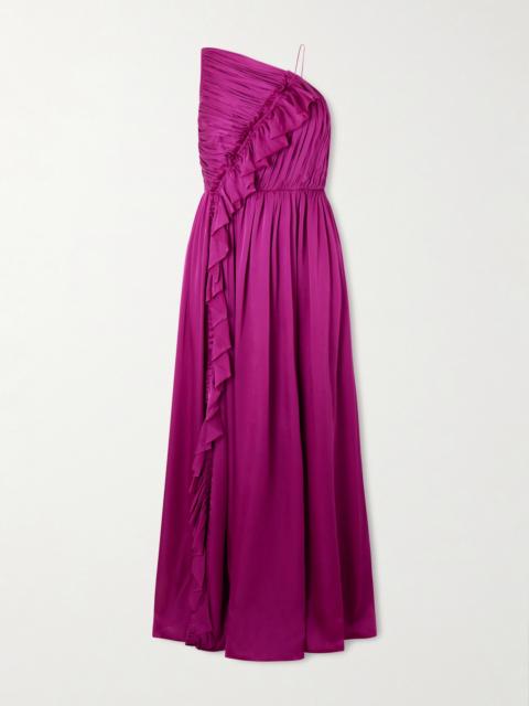 Aisha One-shoulder Pintucked Ruffled Silk Chiffon Gown