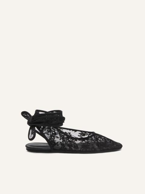Lace ankle-wrap flats in black