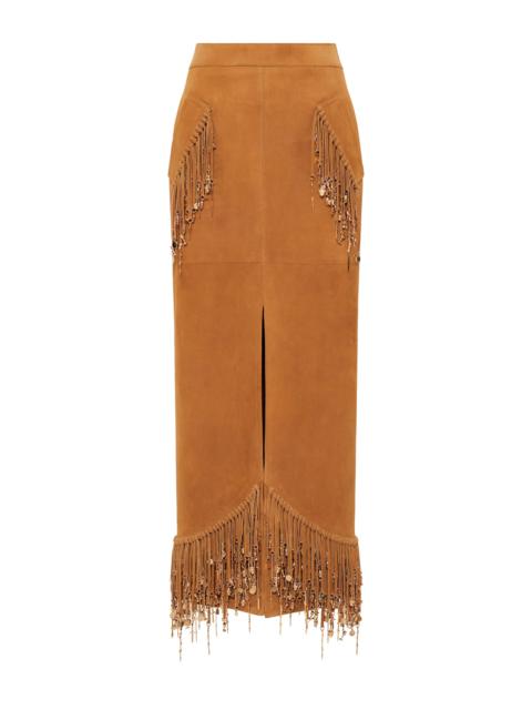 Kalyan Fringe Maxi Skirt in Cashew Suede with Charms