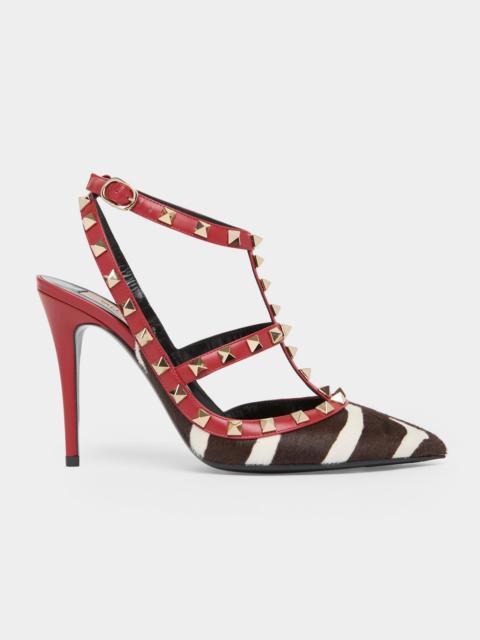 100mm Rockstud Zebra Calf Hair Ankle-Strap Pumps