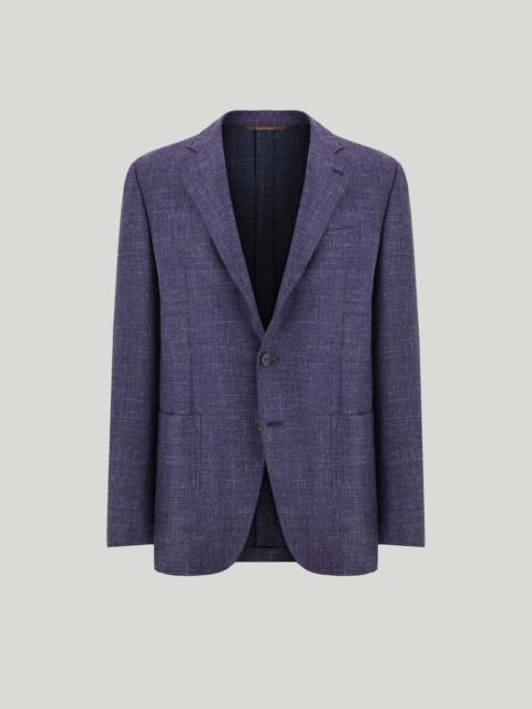 BLUE WOOL, SILK AND LINEN MODERN-FIT JACKET WITH DIAGONAL DESIGN