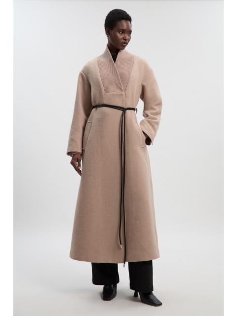Wool Knitted Wrap Neck Belted Tailored Midi Coat