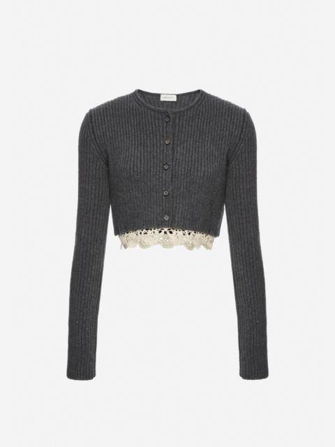 Long-sleeve crochet-trim cropped cardigan in grey