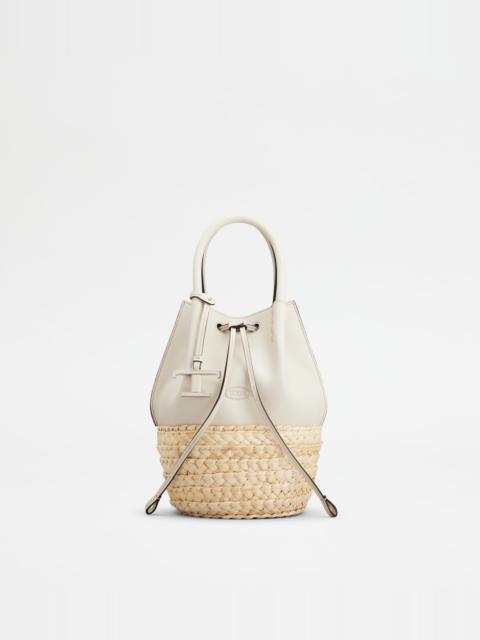 BUCKET BAG IN STRAW AND LEATHER MINI - WHITE, NATURAL