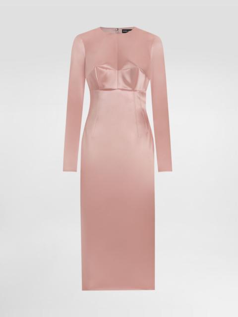 Stretch satin round-neck calf-length dress