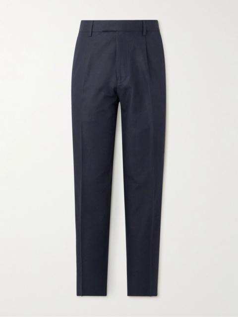 Tapered Pleated Cotton and Linen-Blend Twill Trousers Blue