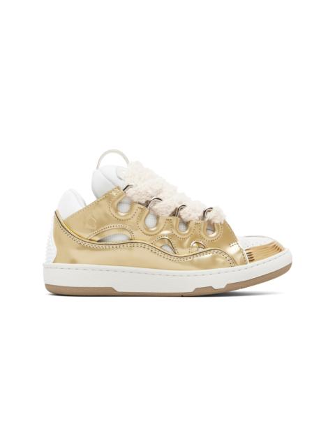 Gold & White Curb Metallic Leather With Mesh Laces Sneakers