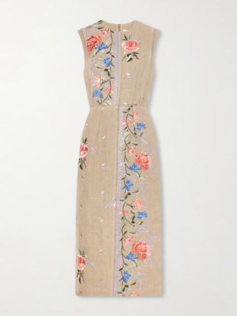 Embroidered Linen-canvas Midi Dress