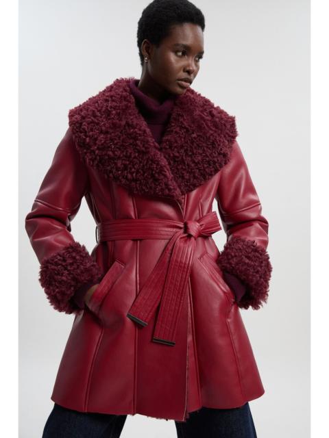 Faux Long Fur Belted Cuff And Collar Coat