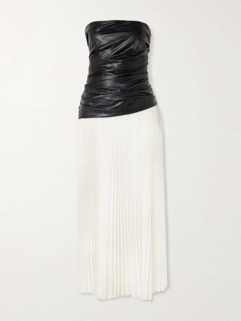 Arie ruched strapless faux leather and pleated crepe de chine midi dress