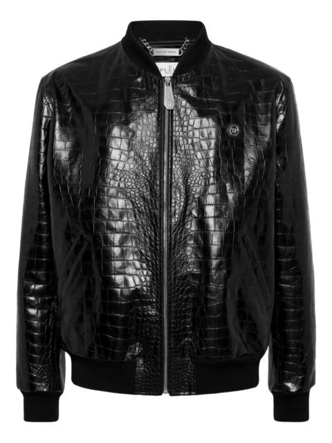 crocodile-effect leather bomber jacket