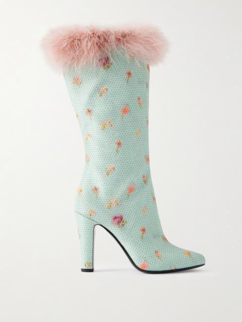 Hotty 100 Feather-trimmed Printed Crepe Knee Boots