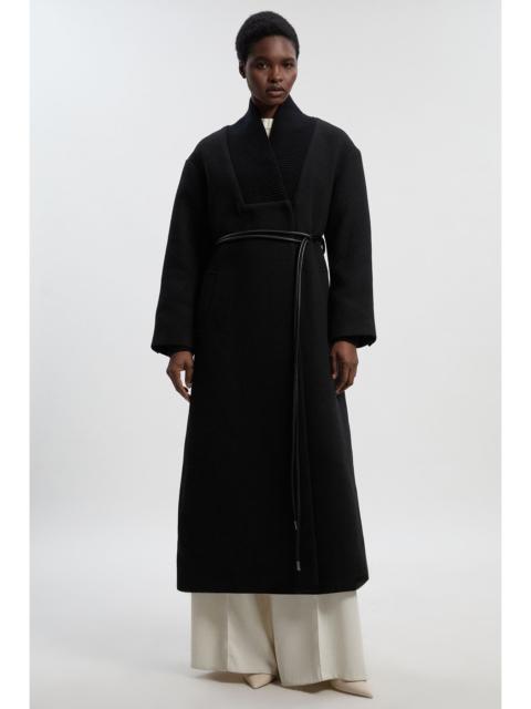 Wool Knitted Wrap Neck Belted Tailored Midi Coat