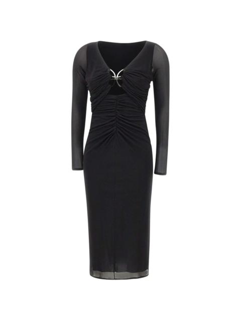 butterfly-clasp ruched midi dress