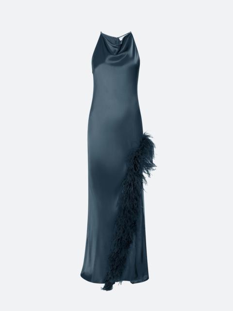 Satin Halter Gown With Feathers