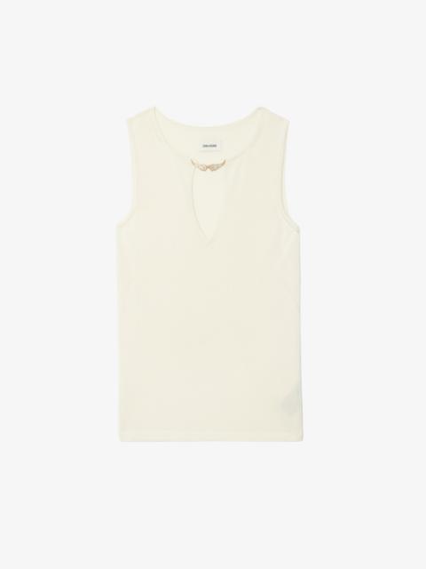Sayani White Sleeveless Knit Top with Brooch