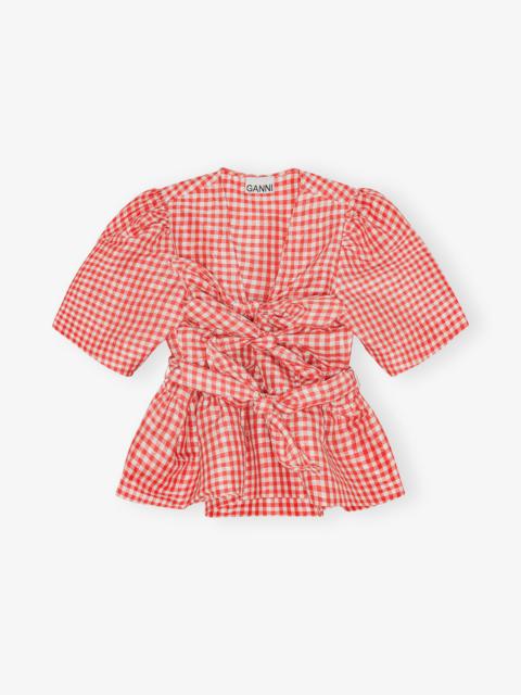 RED CRINKLED CHECK TAFFETA BLOUSE