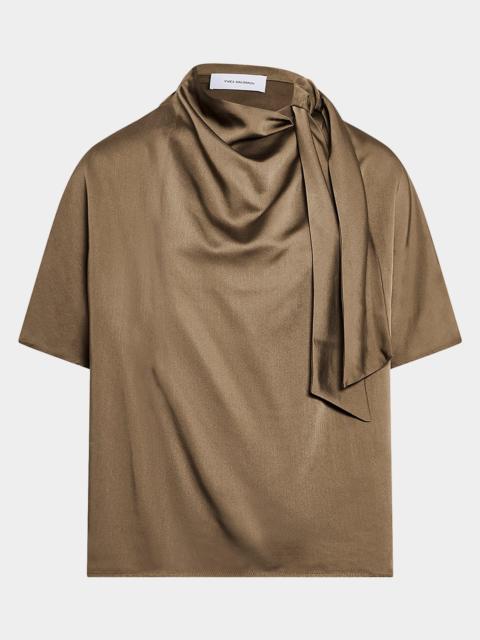 Tie Cowl-Neck Satin Short-Sleeve Blouse