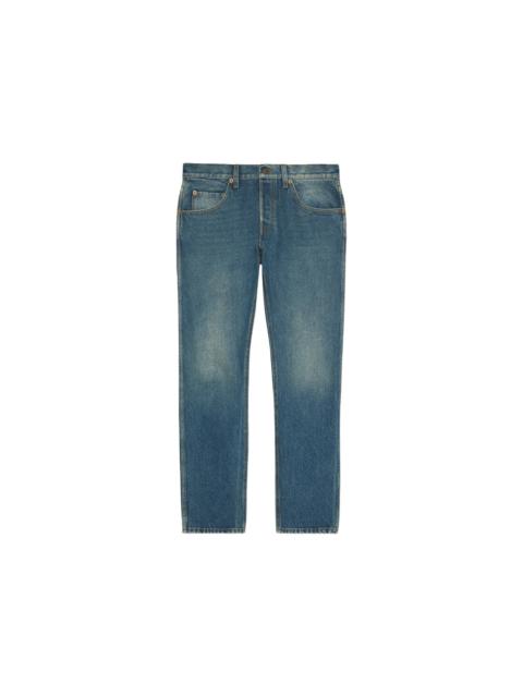 Gucci Tapered Fit Washed Marbled Denim Jeans Stonewashed Blue