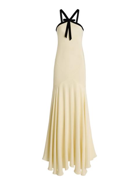 Velvet-Trimmed Silk Crepe Maxi Halter Dress neutral