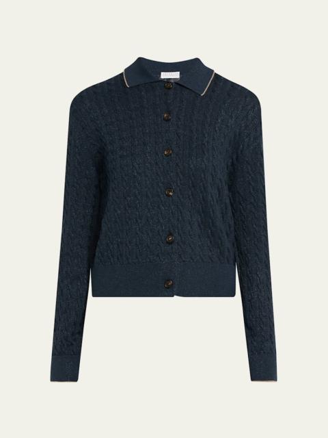 Shimmering Cable Knit Collared Cardigan