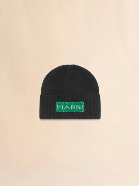 BLACK WOOL FISHERMAN'S RIB BEANIE WITH MARNI PATCH