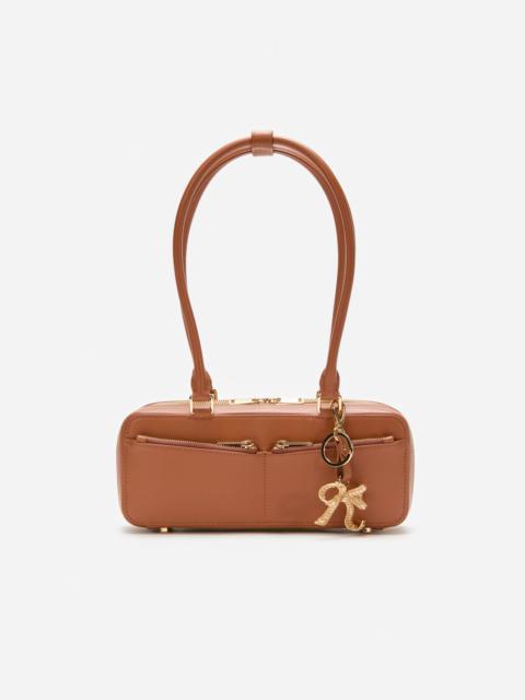 Tan Leather Baguette Shoulder Bag With Charm