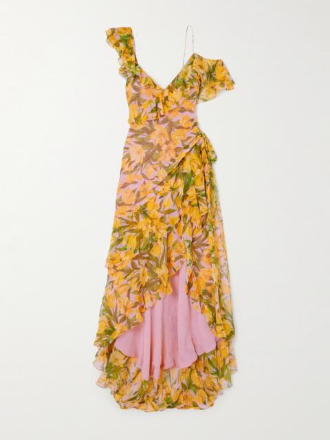 One-shoulder Ruffled Gathered Floral-print Silk-chiffon Gown