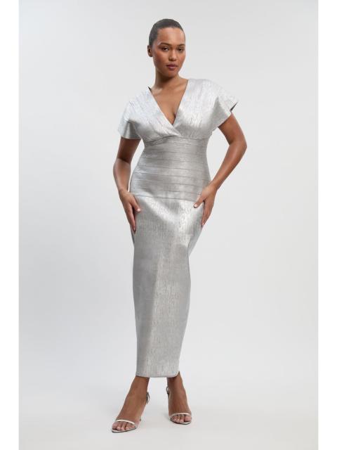 Plus Size Foil Metallic Figure Form Bandage Angel Sleeve Knit Maxi Dress