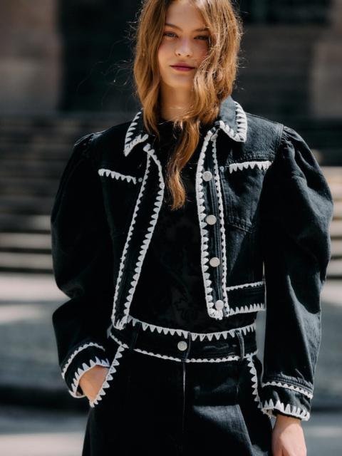 Black Romantic Crochet Embroidery Puff Sleeve Denim Jacket