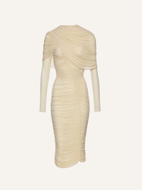Draped high-neck midi dress cream
