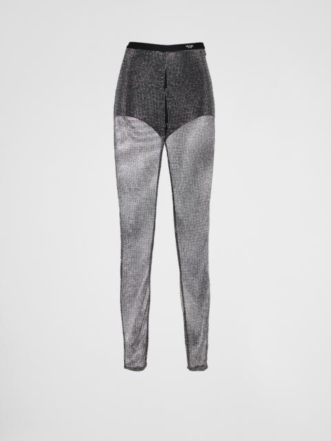 Mesh pants with embroidered rhinestones