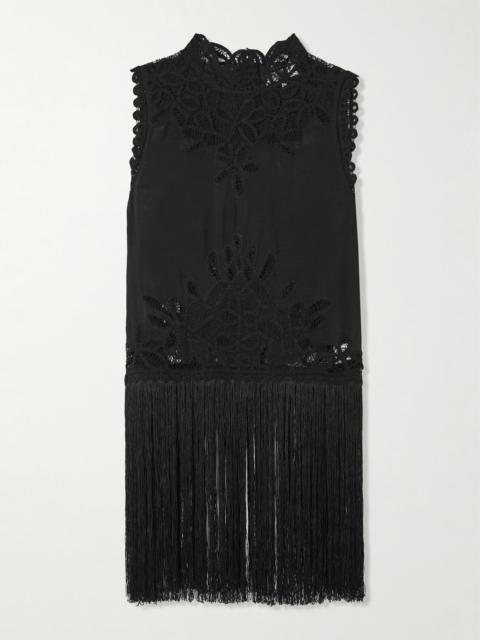 Adelina Tie-side Fringed Lace-paneled Woven Top