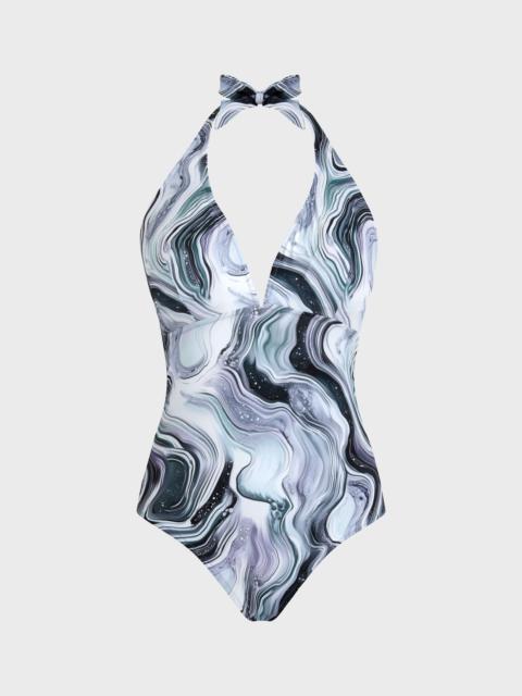 WOMEN HALTER ONE-PIECE SWIMSUIT MARBLE